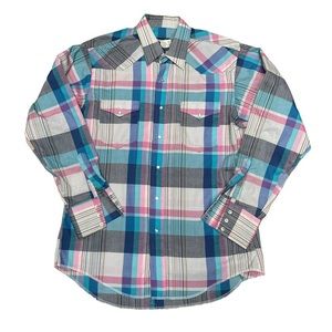 Vintage Wrangler cowboy cut regular fit x long tails button down plaid shirt